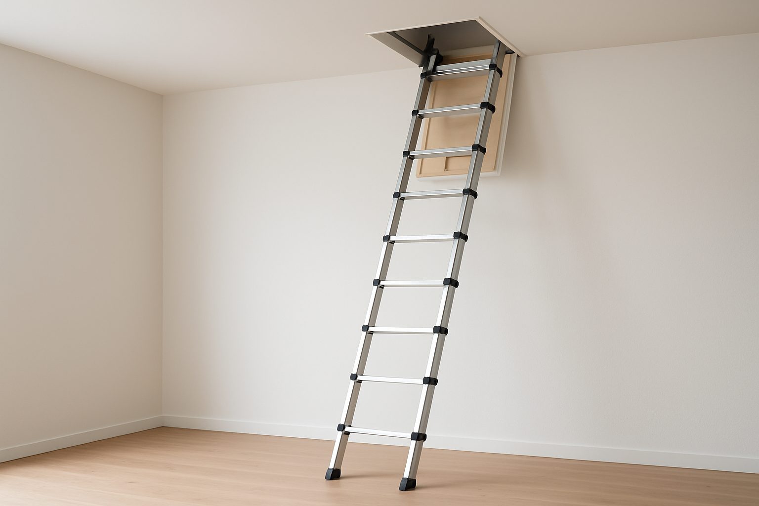 Aluminum loft ladder extending from a ceiling opening in a modern home