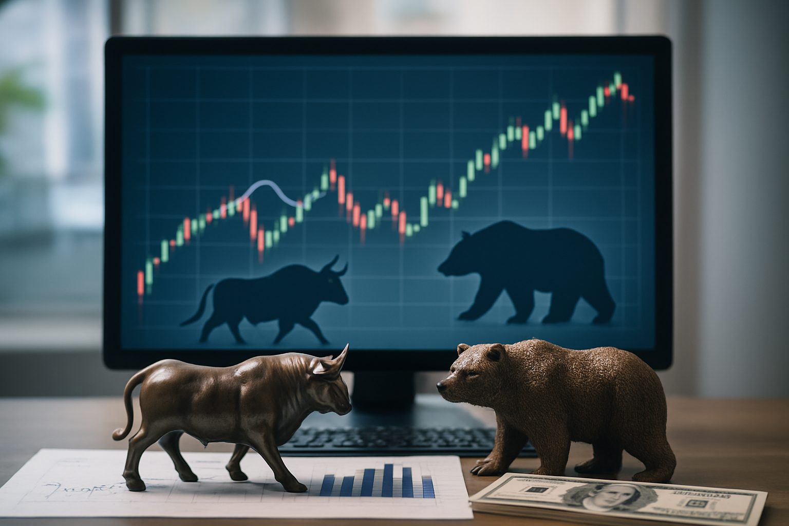 A bull and bear figurine in front of a stock market chart.